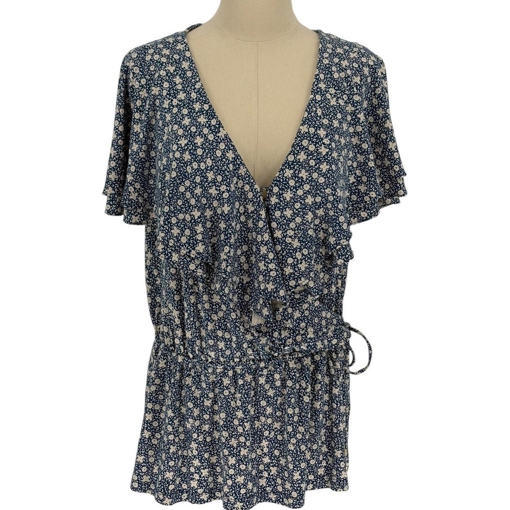Lauren Ralph Lauren Ruffle Floral Flutter Sleeve Top Blue Large